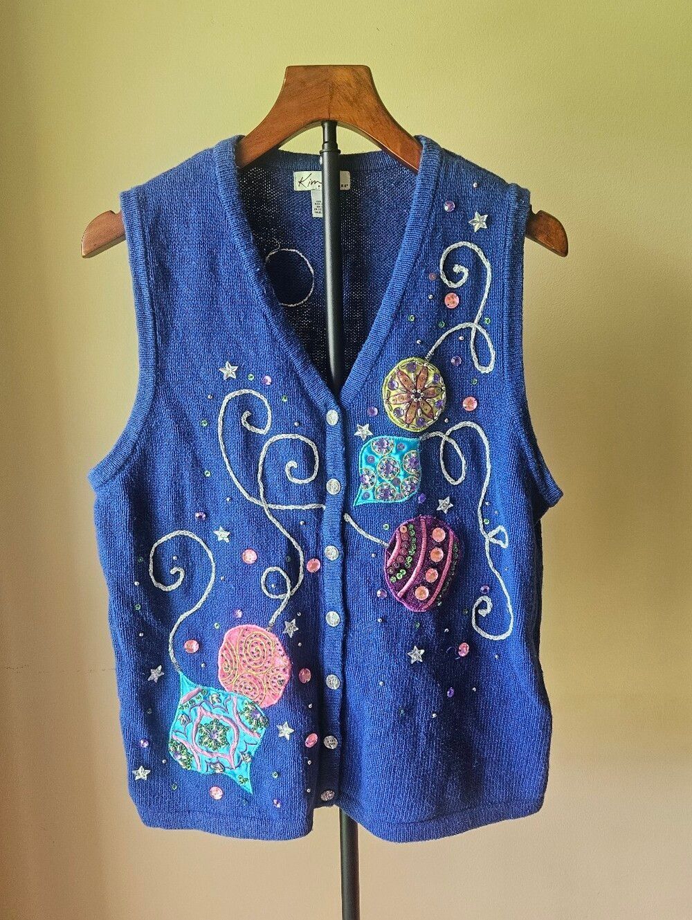 Vintage Kim Rogers Navy Blue Knit Christmas Vest Size Large